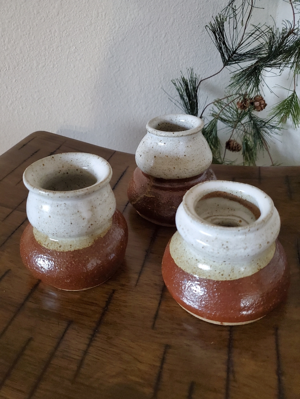 Vintage MCM Style Speckled Pottery Stoneware Trio - Earthy Decor